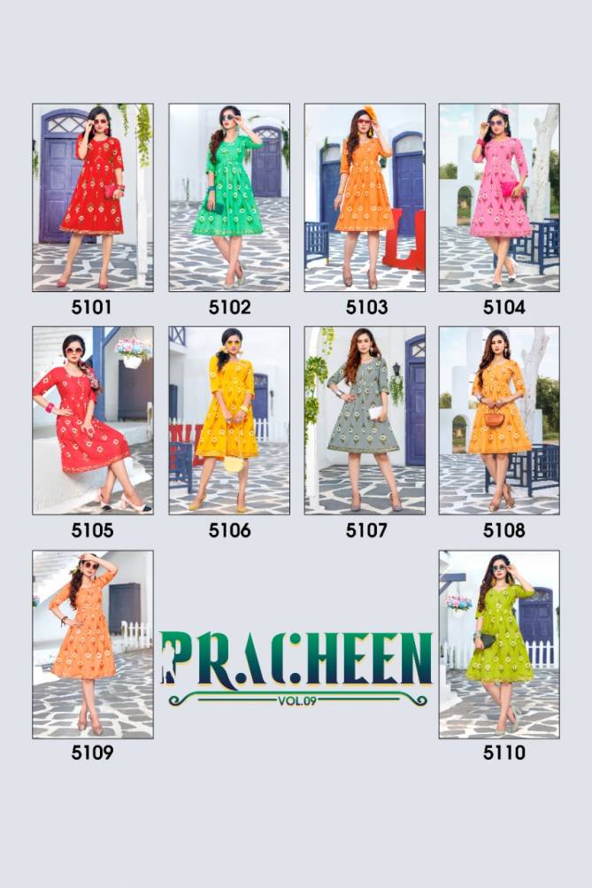 Pracheen 9 Fancy Wear Short Rayon Printed Anarkali Kurtis Collection

